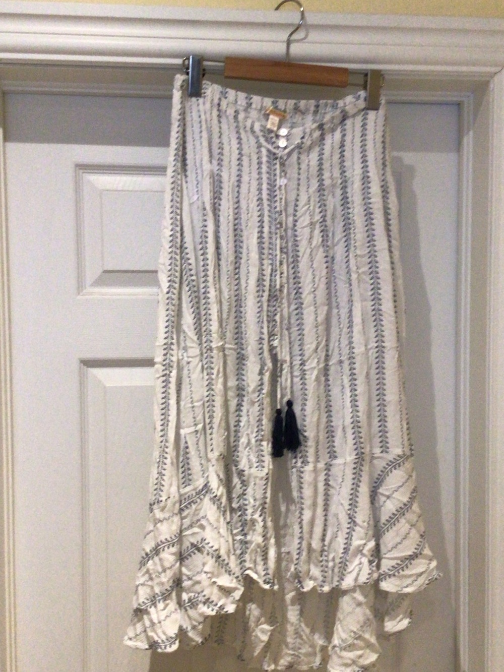 Bohemian White and Navy High-Low Ruffle Skirt with Tassel Drawstring